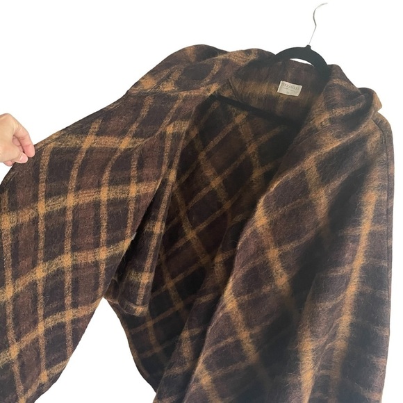 TERRAWARE Earth Aware Plaid Wool Cashmere Hooded Poncho Wrap Jacket Coat Brown M - Picture 2 of 11
